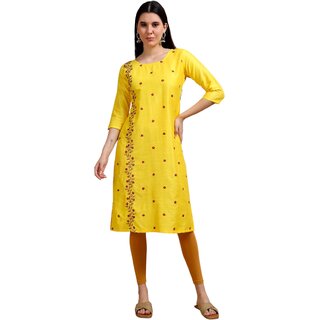 JADIIDA Beautiful Embroidery Women Printed Khadi Cotton A-line Kurta (Yellow)