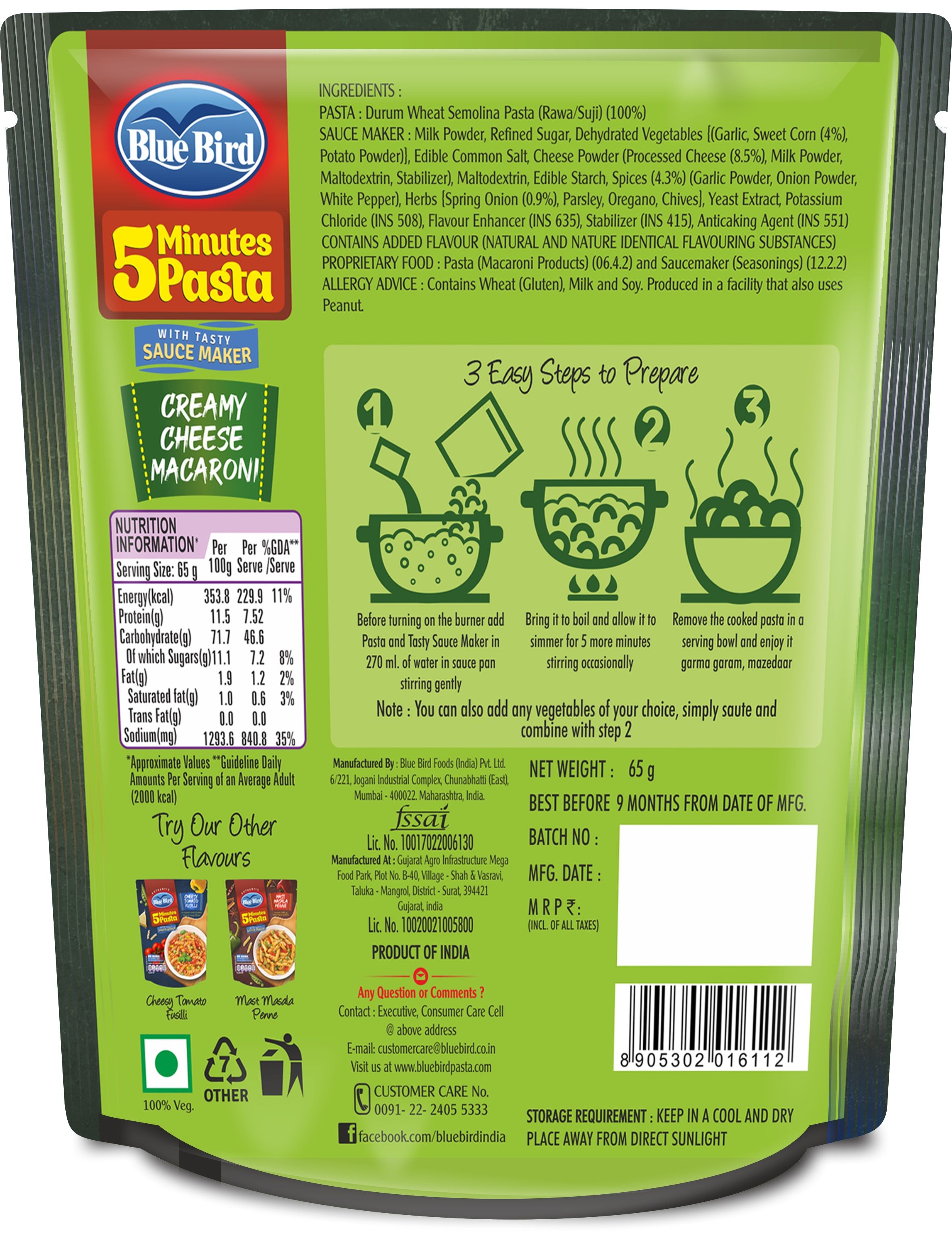 Blue Bird 5 Minutes Pasta Creamy Cheese Macaroni, 65 gm view 2