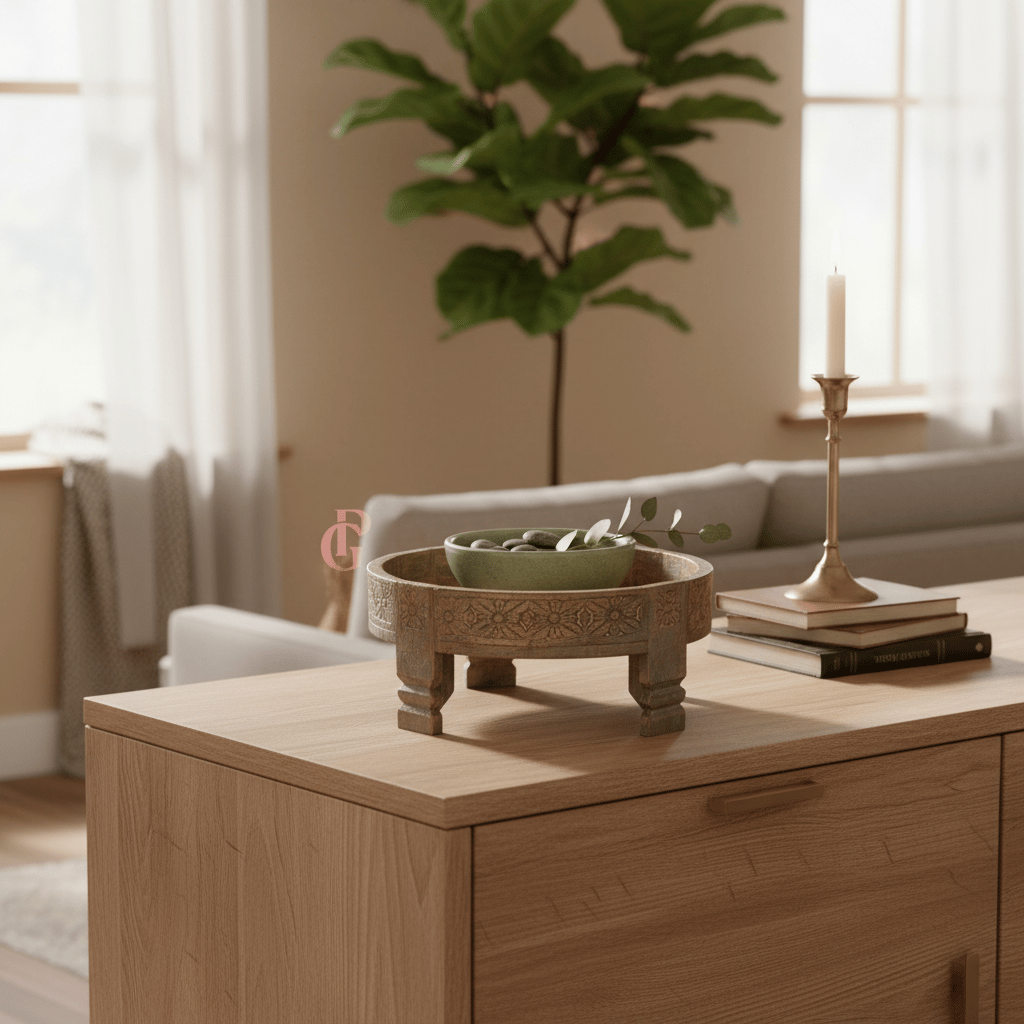 Antique Wooden Round Cutting Metal Brass Chakki Table | Unique Solid Wooden Coffee Table view 2