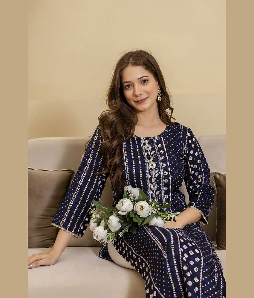 Kapadia Women Viscose Rayon Embroidered Straight Kurti ( Dark Blue ) view 2