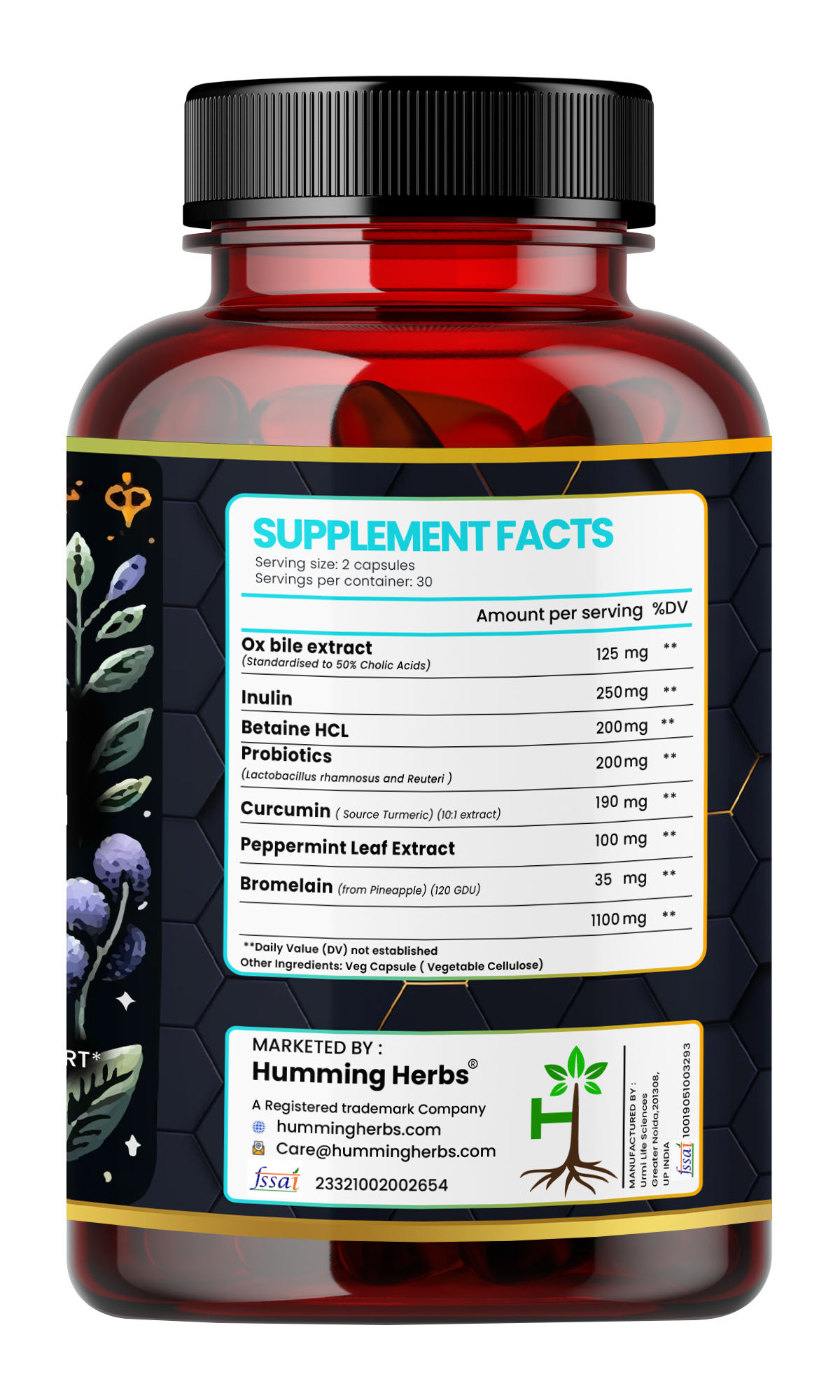 Humming Herbs Ox Bile Extract 1100mg - Digestive Aid for Bloating Relief, Enhanced Fat Absorption, and Gallbladder Support - With Probiotics, Turmeric, Inulin - Pack of 2 view 2