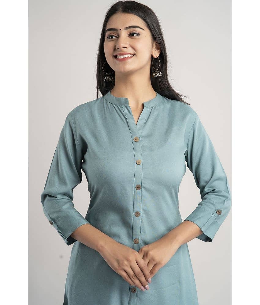 MAUKA - Turquoise Rayon Women's Front Slit Kurti ( Pack of 1 ) view 2
