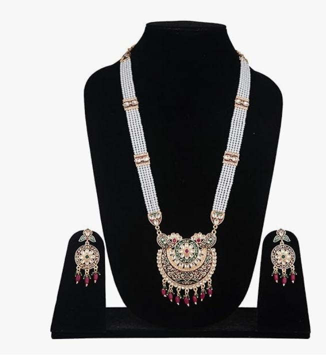 ARyee Rajwadi Pearl Long Rani Haar with Necklace Jewellery Set for Women Cubic Zirconia Gold-plated Plated Metal Necklace Set view 2