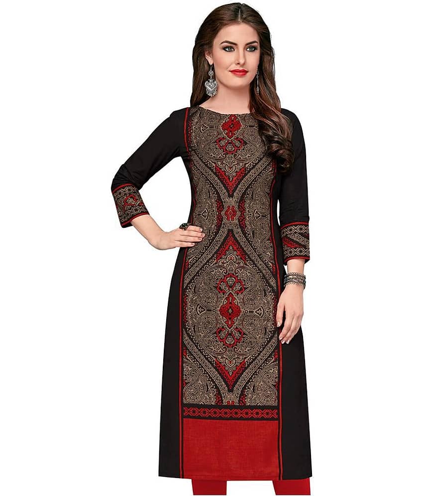 Jevi Prints Black Cotton Straight Kurti