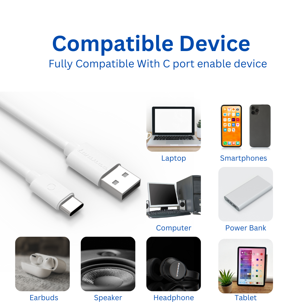 Twance T21W PVC - Type C to USB Charging & data transfer Cable, 1.25 M, White view 2
