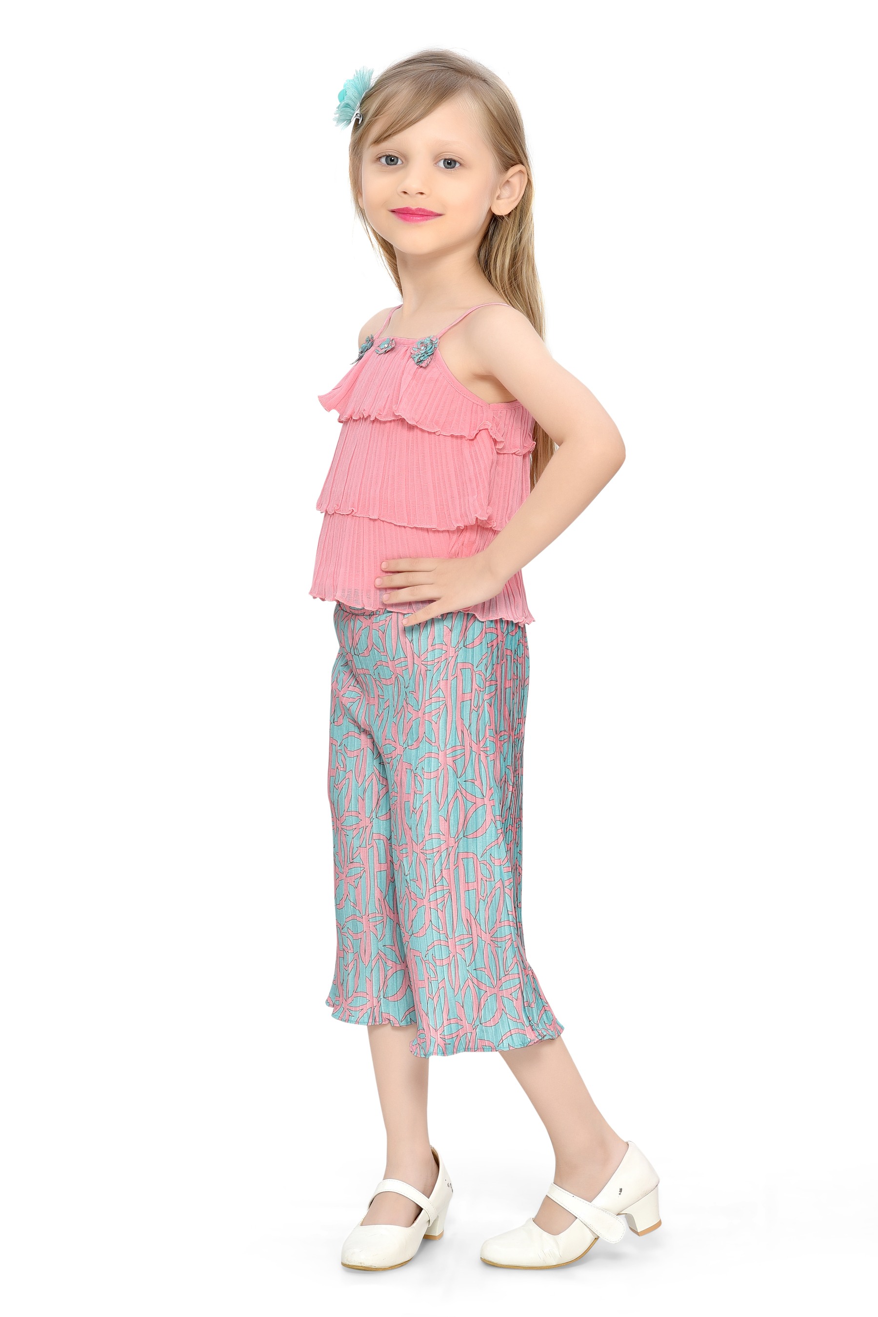 Be:Kids Pink Tropical Bliss Layered Ruffle Top and Palazzo Pants Set view 2