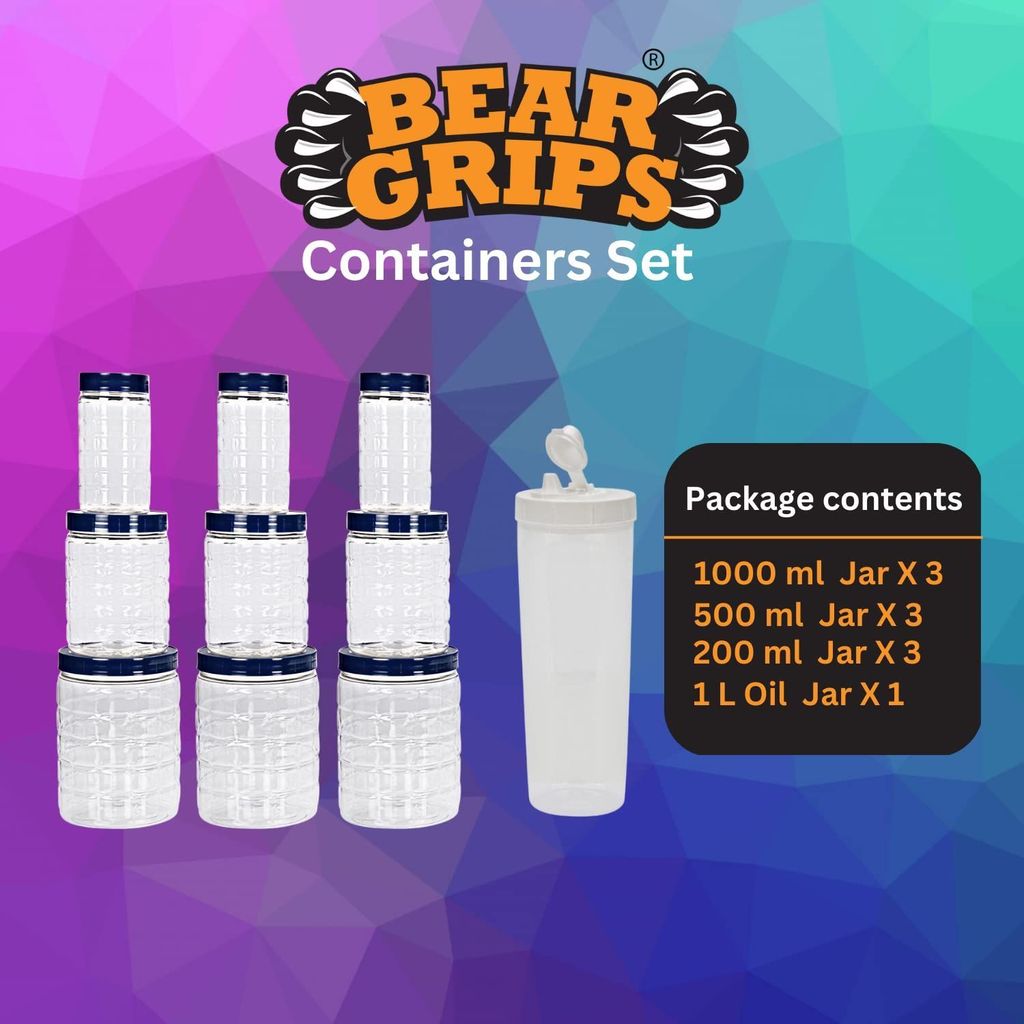 BEAR GRIPS 9 Airtight kitchen checkered PET containers/jars sets and 1 litre Oil pourer combo view 2