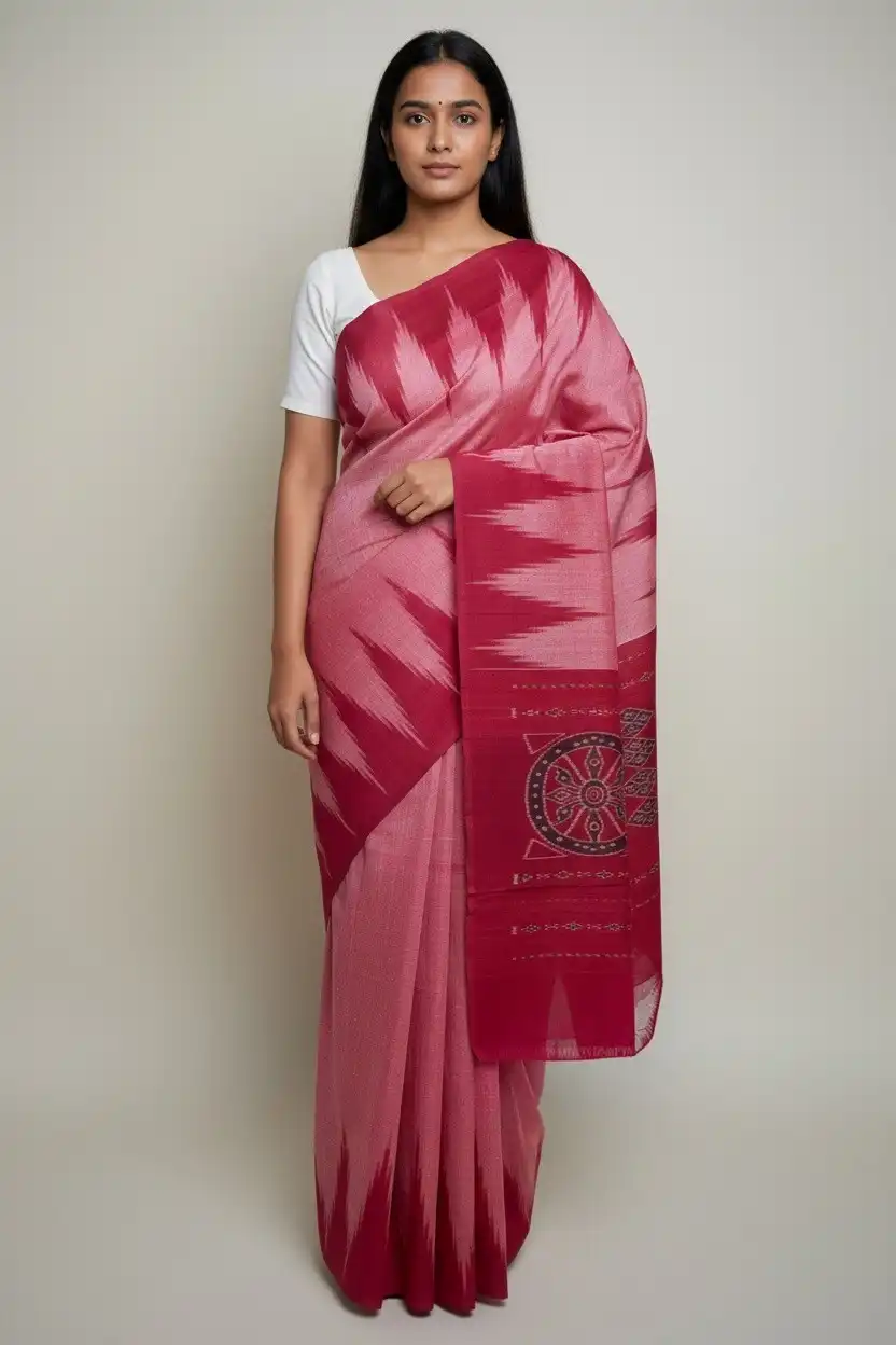 Sambalpuri Ikat Cotton Saree Cerise Pink Chevron Border