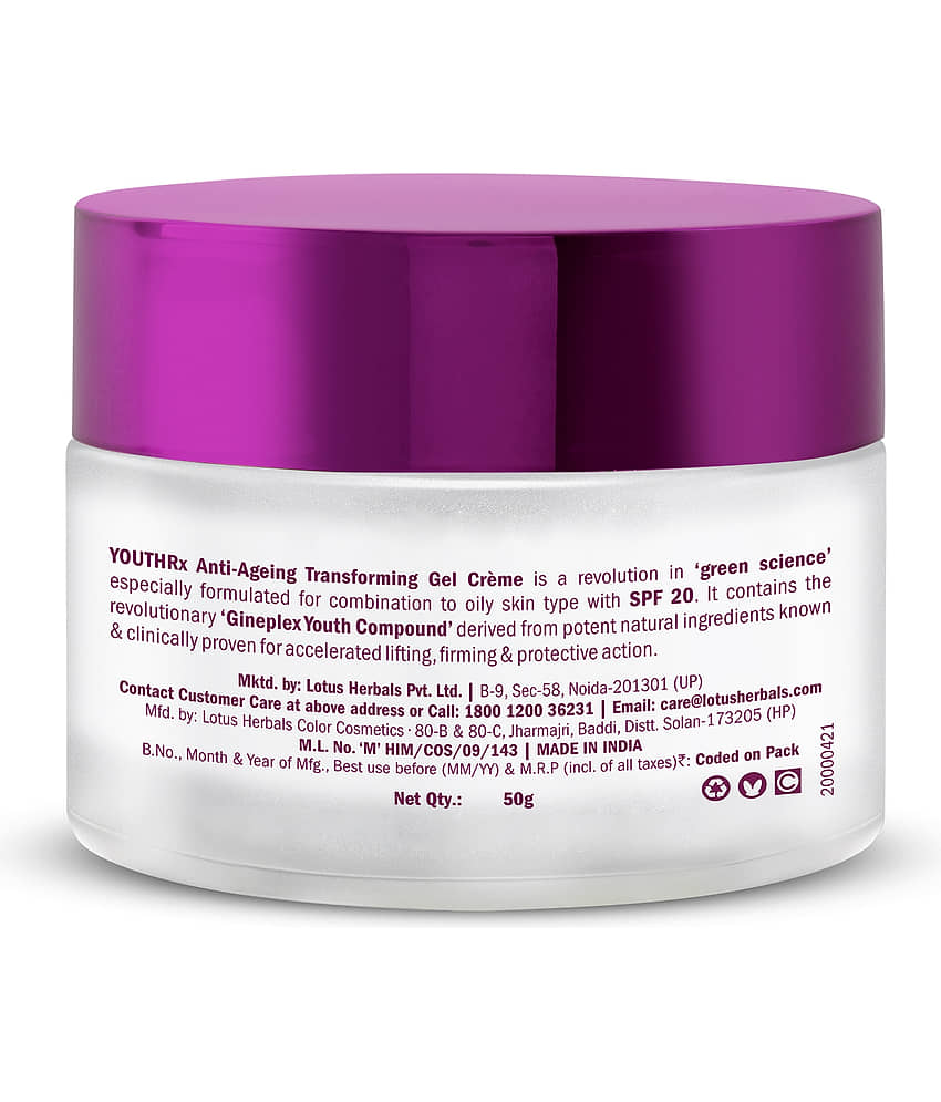 Lotus Herbals YouthRx Anti-Ageing Transforming Gel Cream with SPF 20, PA+++, Preservative Free, 50g view 2