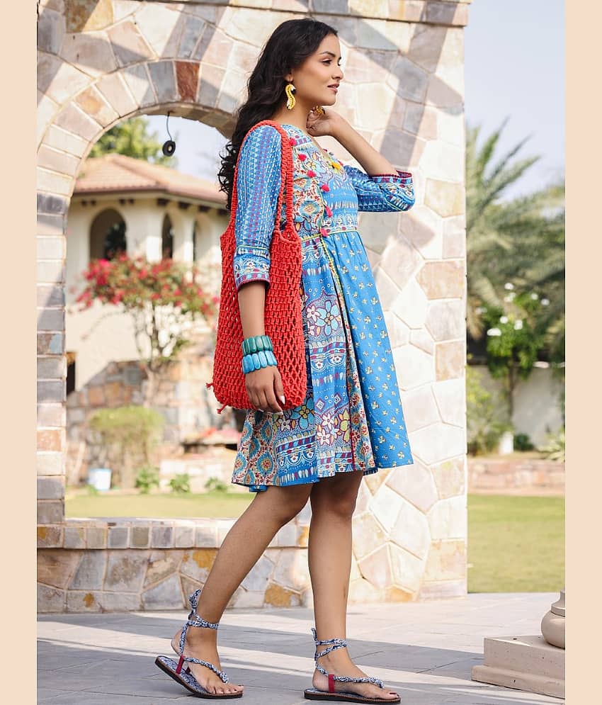 Juniper Women Cotton Printed Fit & Flare Dress ( Blue ) view 2