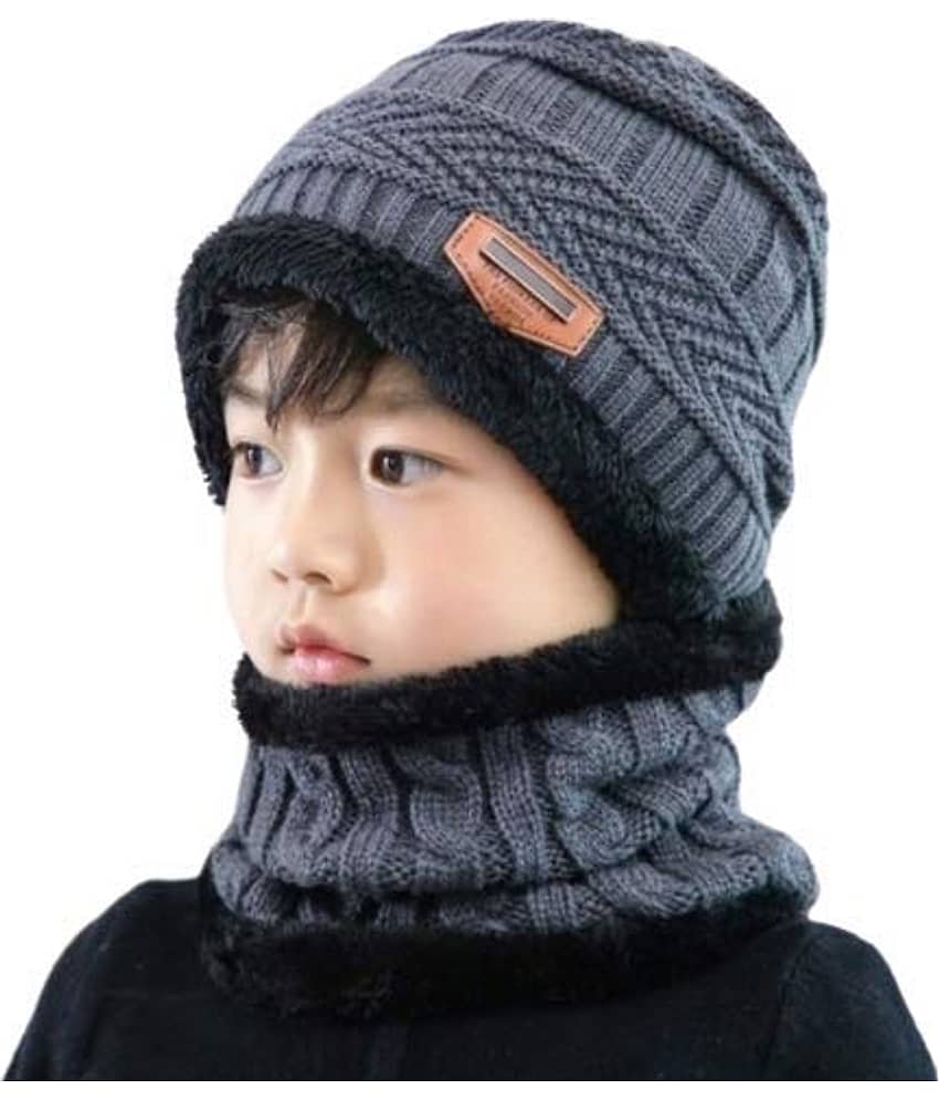 Woolen Cap & Neck Warmer for Winters with Fur Inner Side Warm Scarf Set Winter woolen Cap For kids