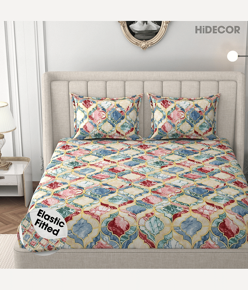 HIDECOR Microfibre Floral Fitted Fitted bedsheet with 2 Pillow Covers ( King Size ) - Multi