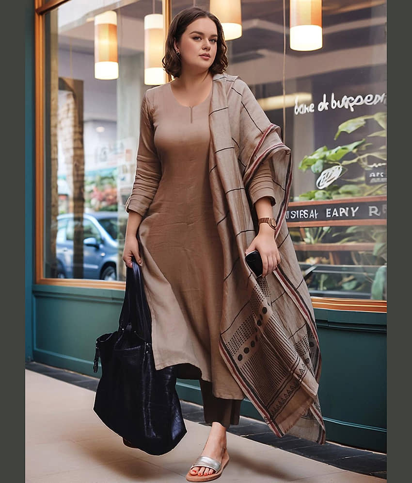 Lee Moda Women Rayon Solid A-line Kurti With Pants ( Beige ) view 2