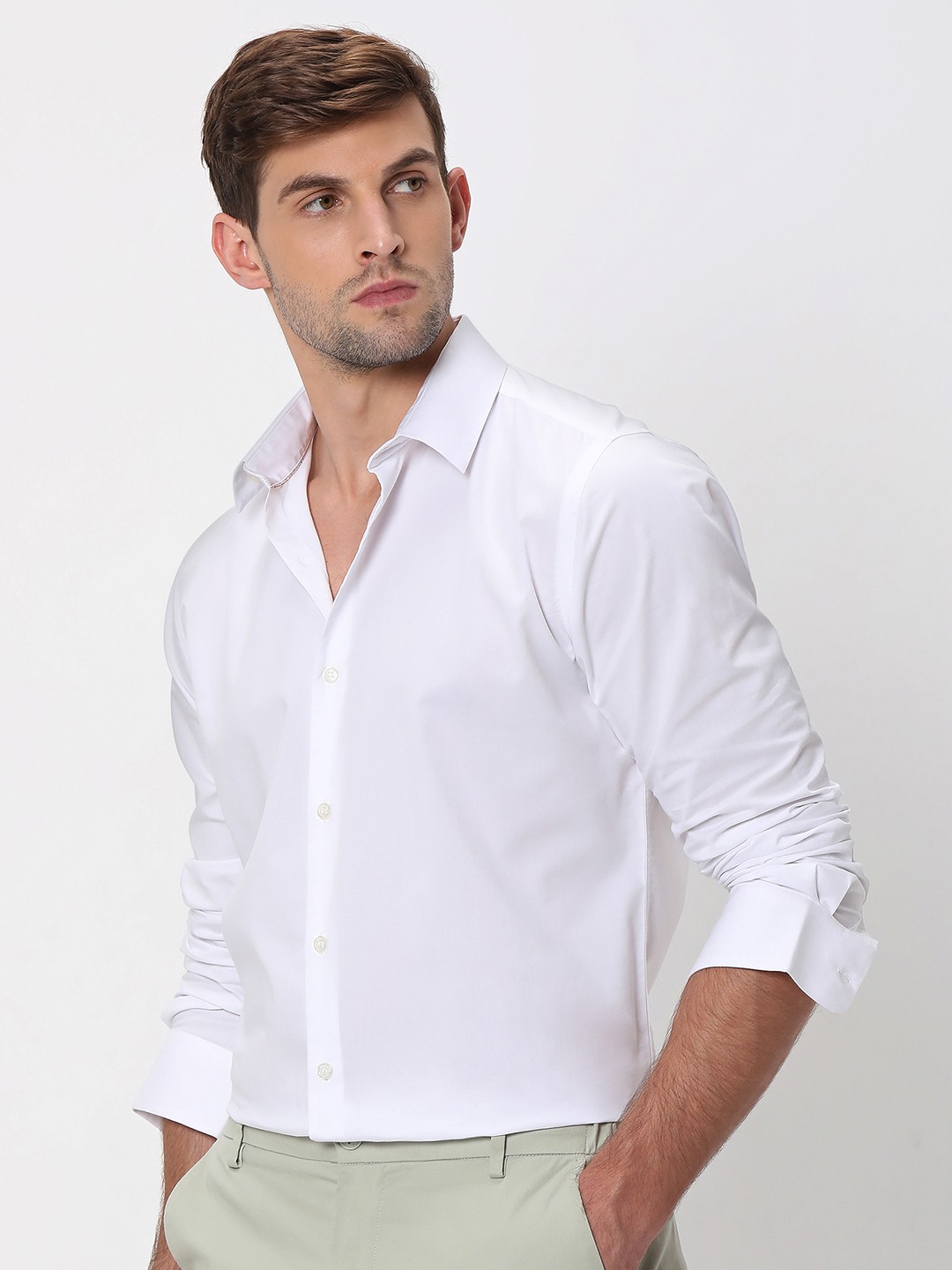 White Stretch Plain Slim Fit Casual Shirt view 2