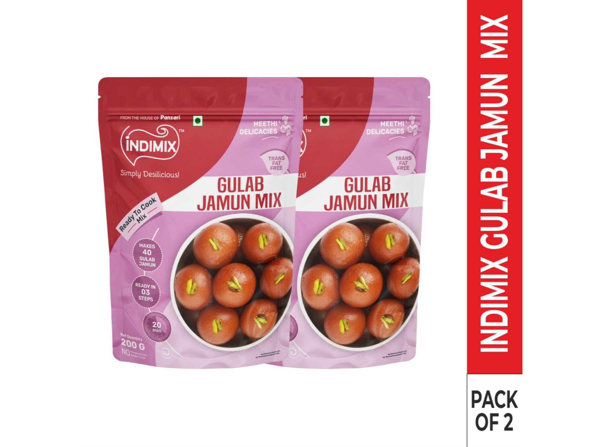 INDIMIX Instant Ready to Cook Gulab Jamun Mix, Ready In 3 Steps, Healthy & Tasty 200g - Pack of 2