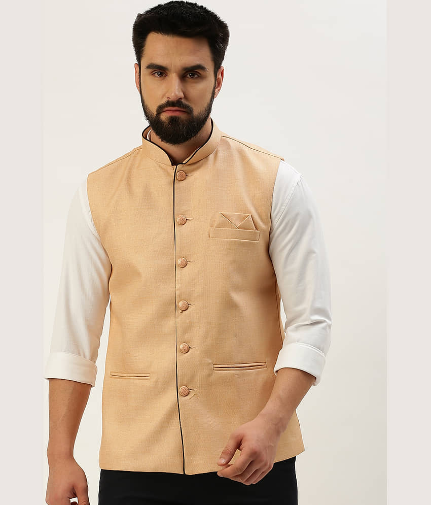 Showoff - Peach Cotton Blend Men's Nehru Jacket ( Pack of 1 ) view 2