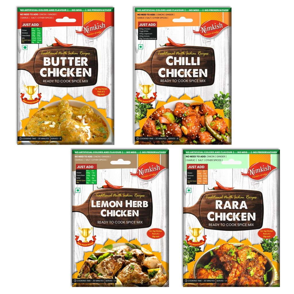 Nimkish Chicken Spice Mix Combo Pack of 4 | Butter Chicken, Chilli Chicken, Lemon Herb & Rara Chicken