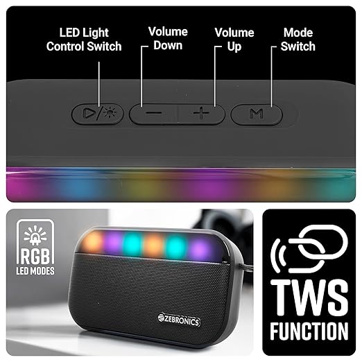 ZEBRONICS County 7 Portable Bluetooth Speaker, 8 Watts, Upto 8 Hours Playback, Passive Radiator, BTv5.3 | mSD | TWS | USB, RGB LED, Call Function, Carry Loop (Black) view 2