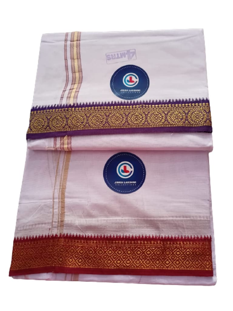 Jinka Lakshmi Collections Combo Handloom White Cotton Dhoti With Big Borders 4 Meters Unstitched Pack of 2 (Multicolor-4) view 2
