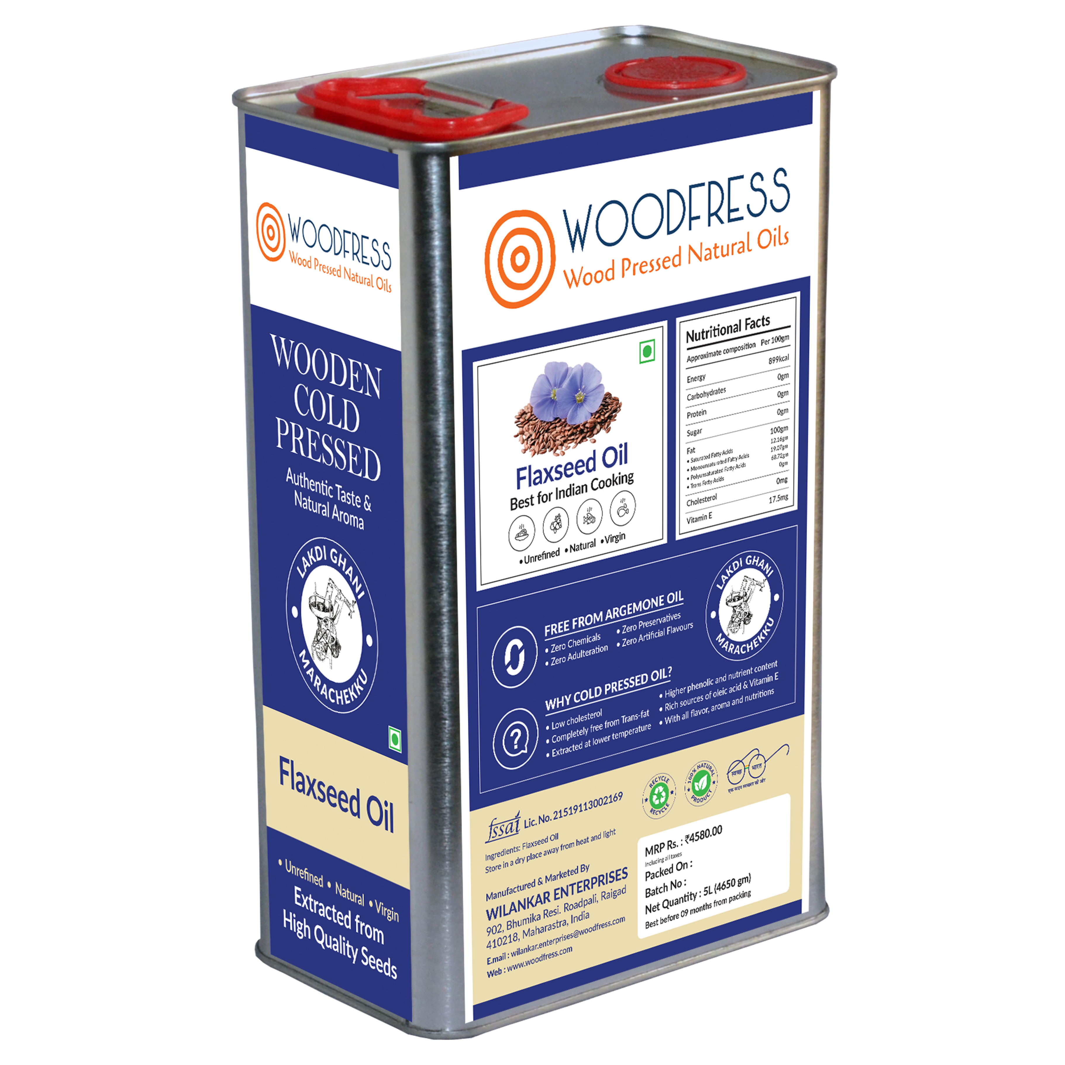 WOODFRESS Flaxseed Oil Cold Pressed - 5 Litre, Omega 3 Alsi Oil, Linseed Oil, Javas/Jawas Alsi ka Tel for Cooking, Wood Pressed Flax Seed Oil - 5L view 2