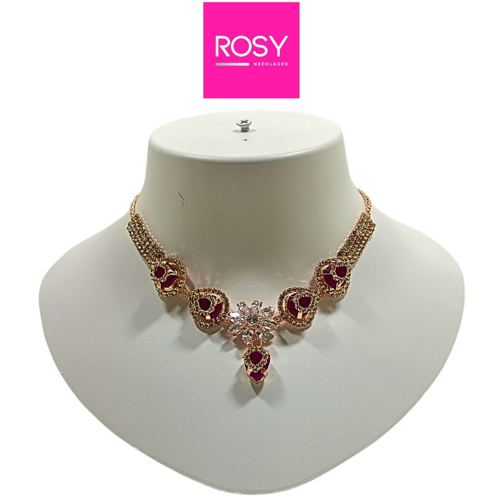 Rosy Rose Gold Plated Necklace Set with Heart Pendant & Matching Earrings – Handcrafted AD & Ruby Red Stones view 2