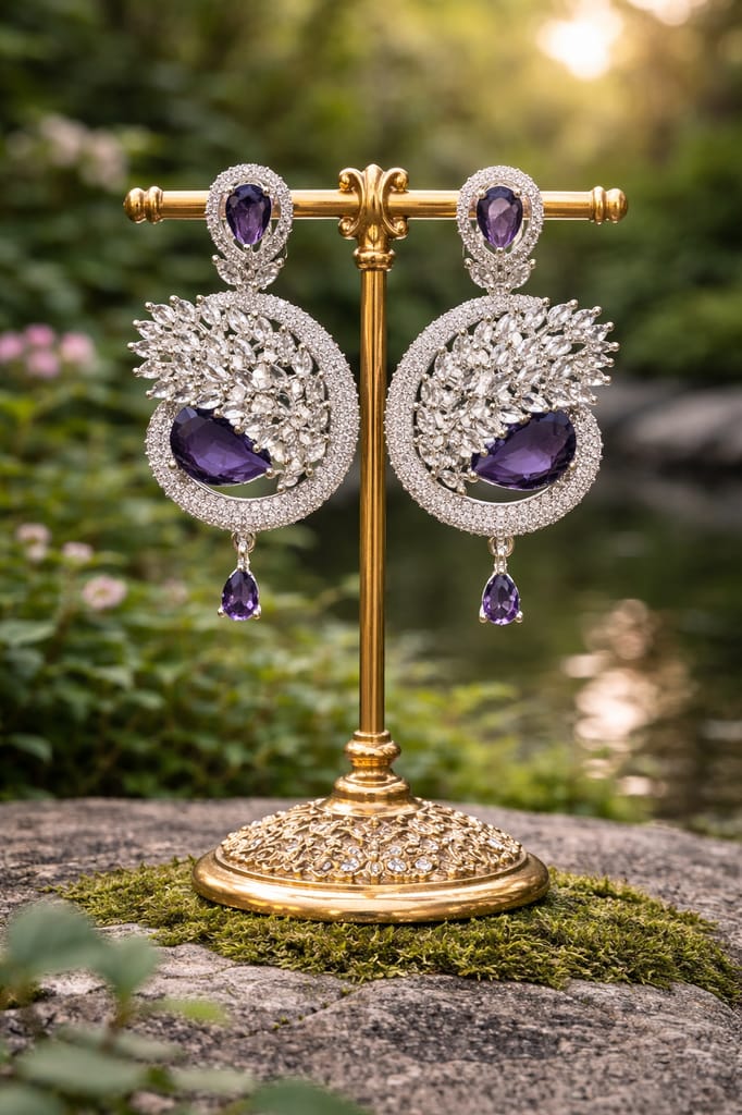 💜 Luxury American Diamond & Purple Stone Designer Earrings