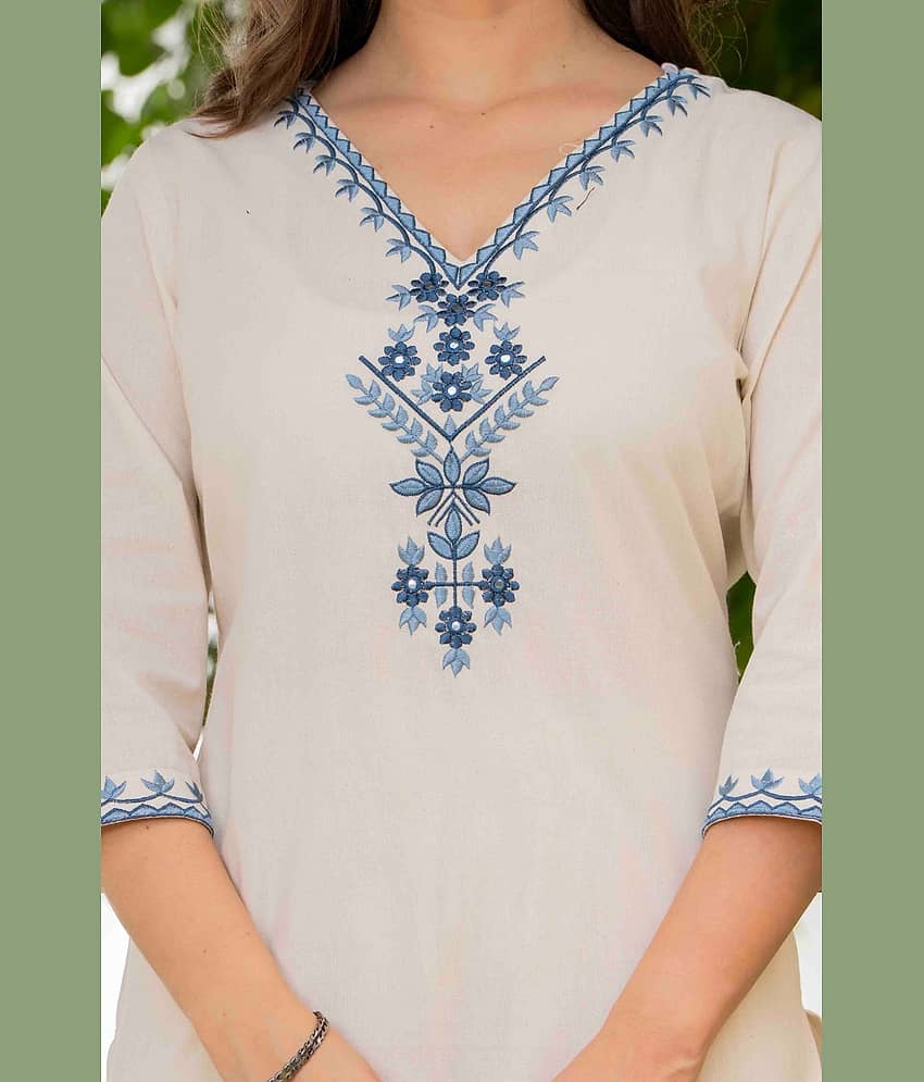 MAUKA Women Cotton Solid Straight Kurti With Palazzo ( Cream ) view 2