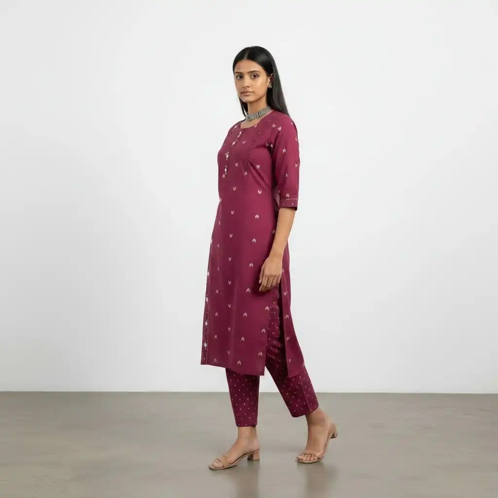 Handloom Cotton Co-Ord Set in Plum with Scattered Buti Motifs view 2