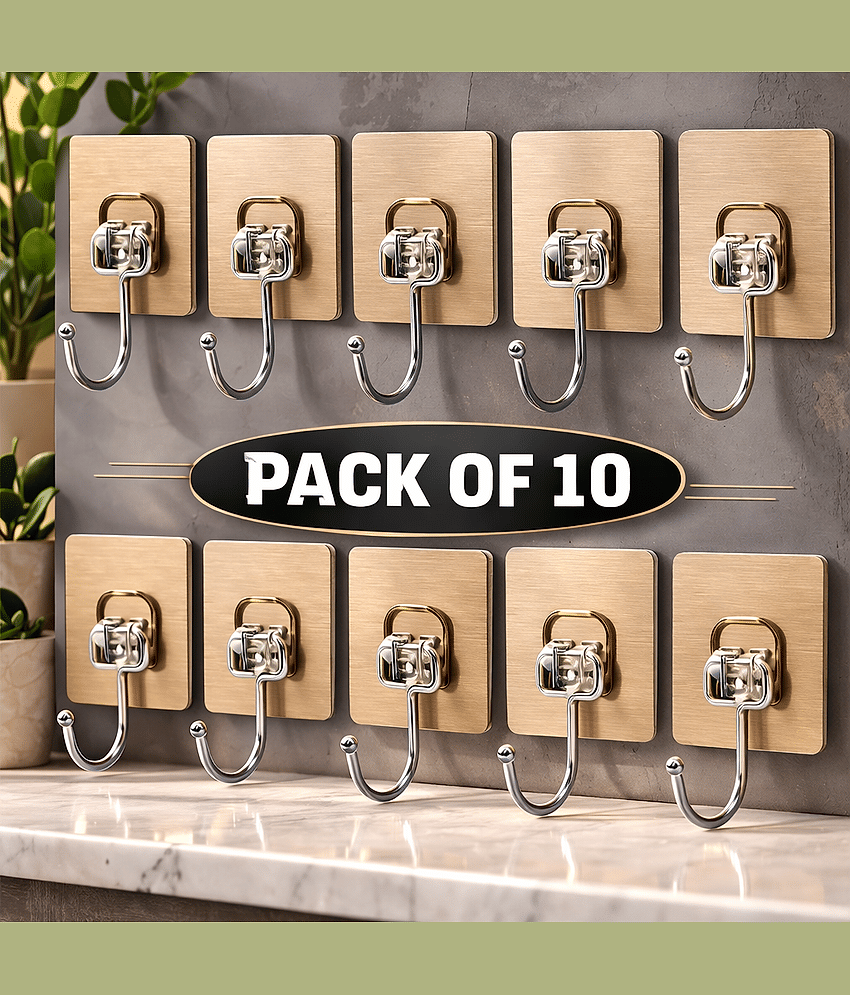 Golden Hook 10 Pack Large Heavy Duty Stainless Steel Adhesive Hooks – Waterproof, Strong, Damage-Free Wall Hooks for Towels, Coats & Accessories – Kitchen, Bathroom, Home & Office Organization
