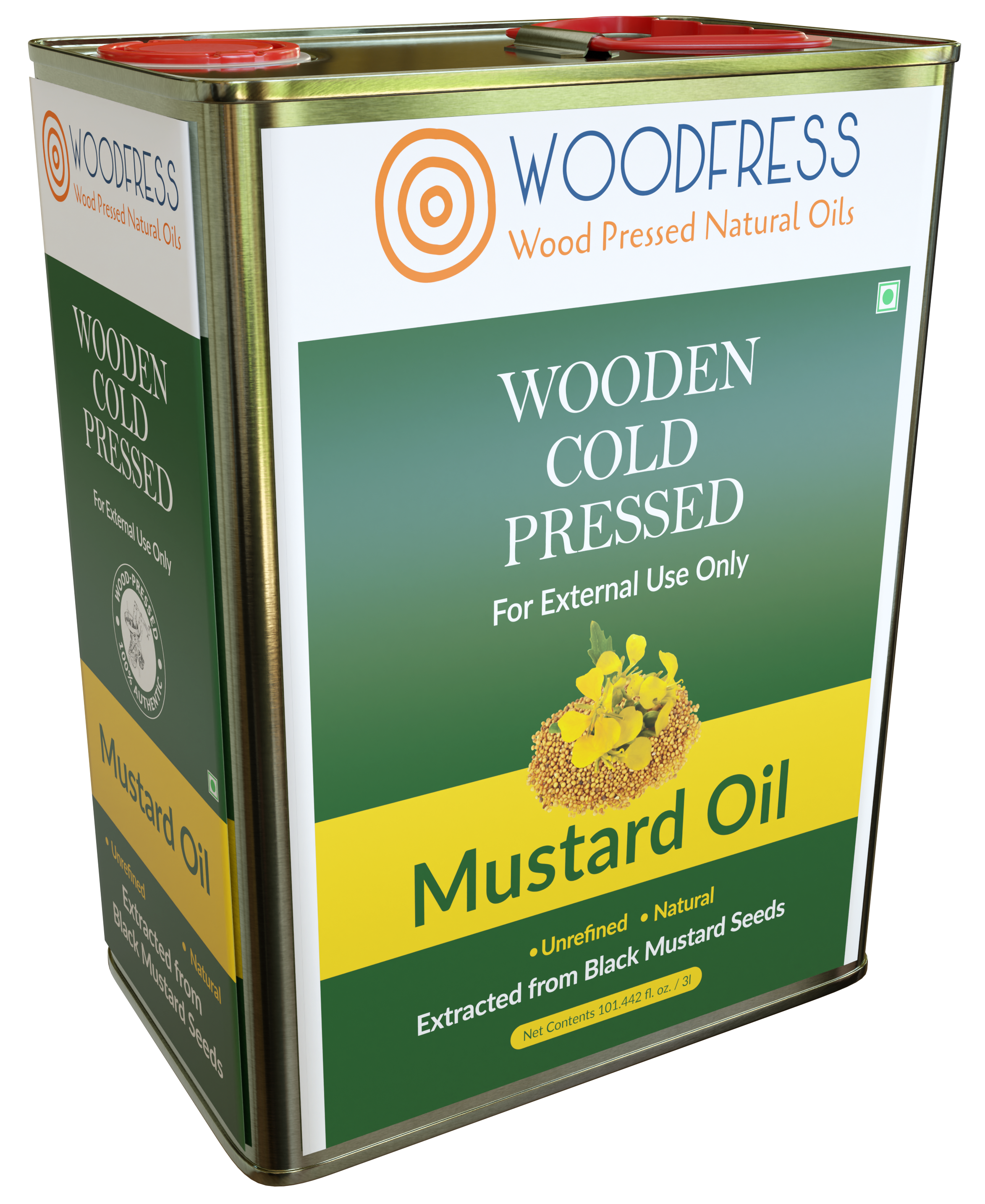 WOODFRESS Pure Cold Pressed Kachi Ghani Mustard Oil, 3 Litre Metal Tin, Wood Pressed Sarson Oil, Unrefined Black Mustard Oil, Woodpress Sarso Tel 3L