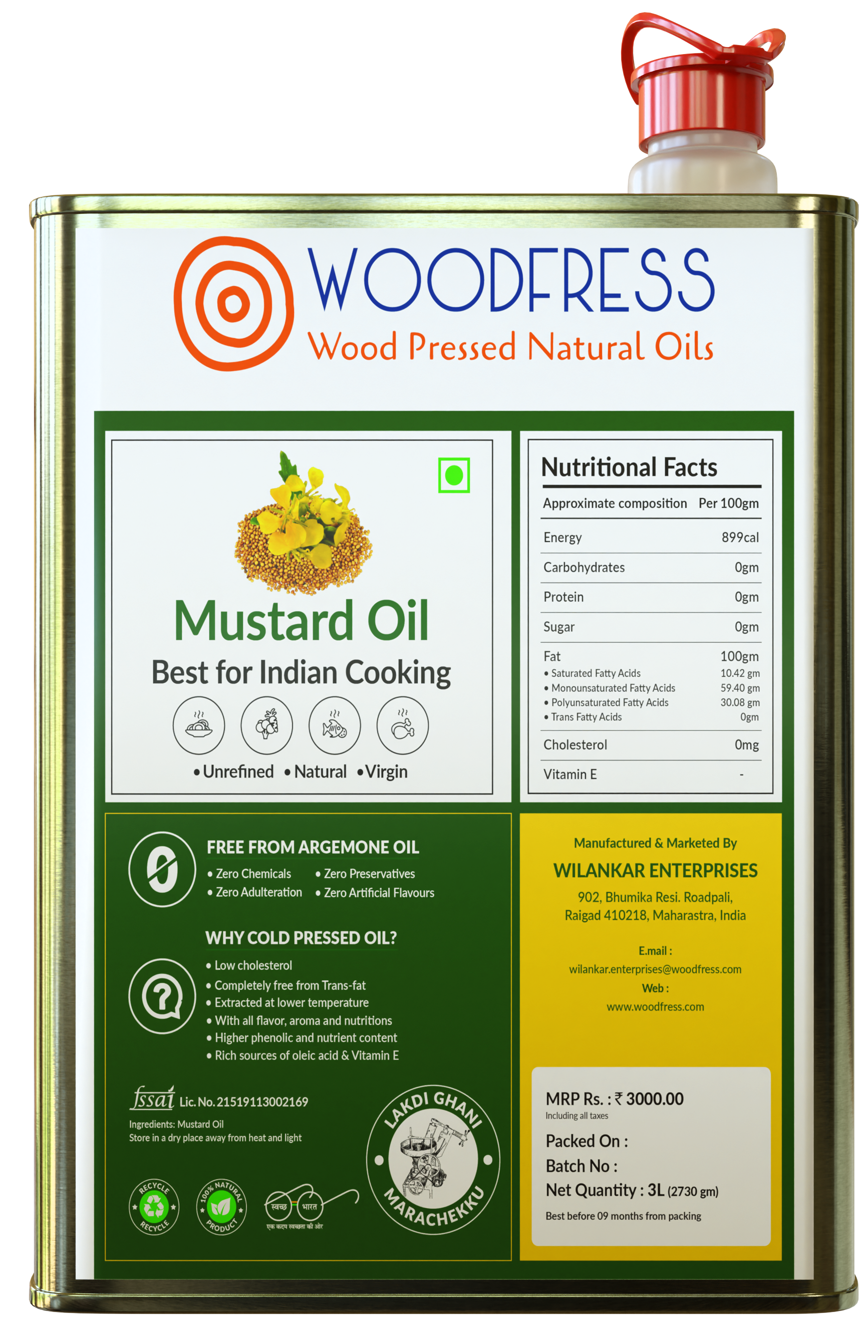 WOODFRESS Pure Cold Pressed Kachi Ghani Mustard Oil, 3 Litre Metal Tin, Wood Pressed Sarson Oil, Unrefined Black Mustard Oil, Woodpress Sarso Tel 3L view 2