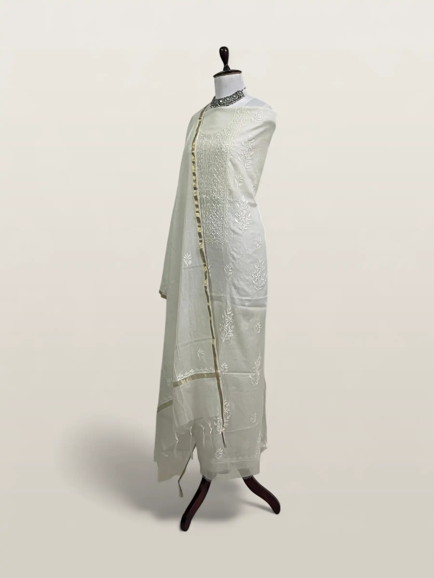 Chikankari Mul Chanderi Dress Material White on White Jaali view 2