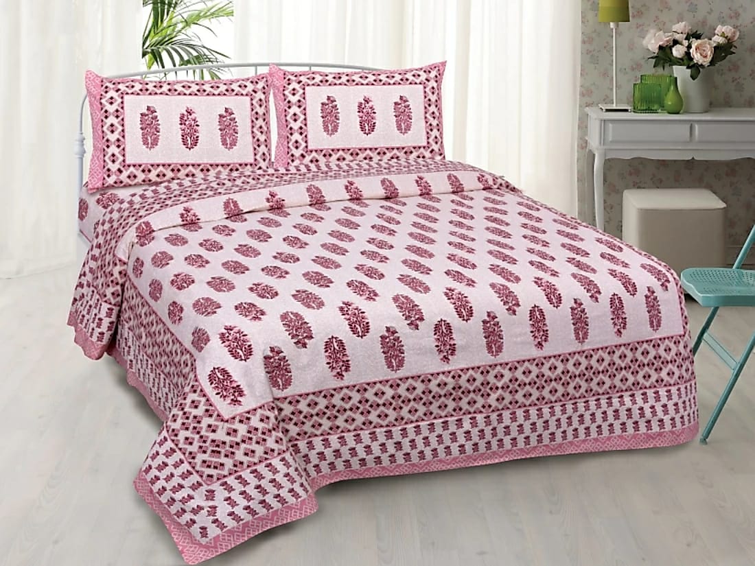 Lali Prints Jaipuri Pink White Floral Cotton 130 TC Queen Bedsheet With 2 Pillow Covers