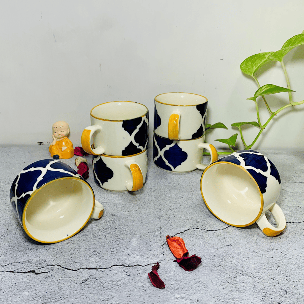 Homefrills Premuim Stoneware Hand Painted Yellow Moroccan design ceramic stylish Tea/Coffee Cups set of 6 view 2