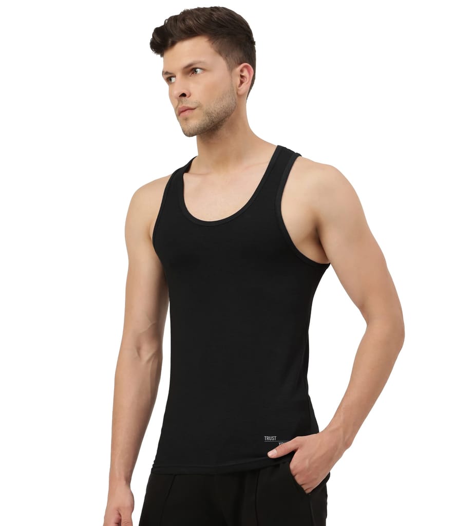 Freecultr Vest for Men | Bamboo Sleeveless, Super Soft Round Neck Gym Comfort Vest | Workout Regular Fit Innerwear | Breathable Sando with Long Hemline Pack of 2-Black,Black view 2