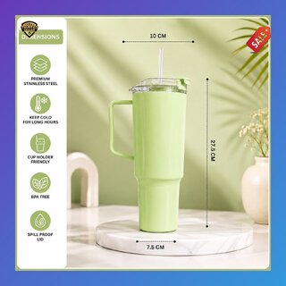 BPA-Free Plastic Tumbler with Handle Straw - Leakproof Double Wall Insulated Travel Mug for Cold Drinks, Green, Cup Holder Friendly view 2