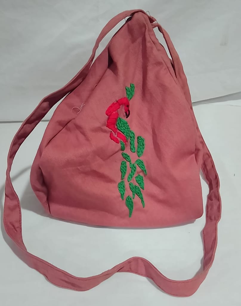 Embroidered Flamingo Drawstring Bag