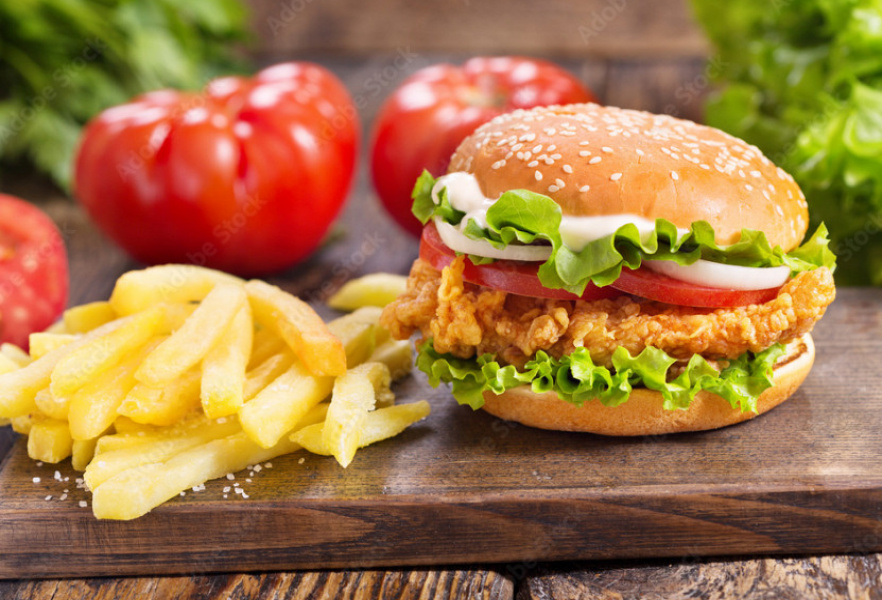 Chicken burger + french fries + cool drink