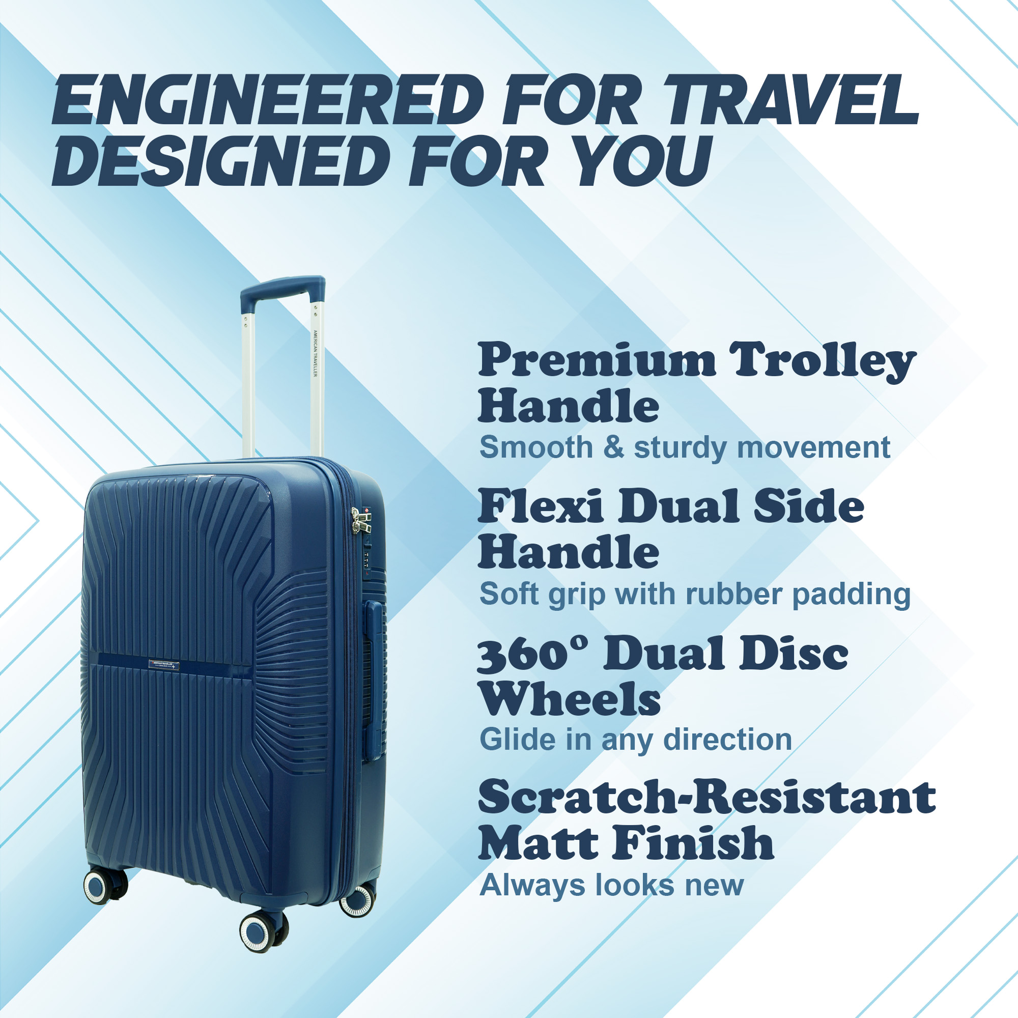 American Traveller Tourispro Trolley Bag for Travel Set of 3 |Suitcase for Travel |Leightweight Large Luggage Traveling Bag Big Size| Polypropylene(Pp) Bags with Expandable 8 Wheels (3, Navy Blue) view 2