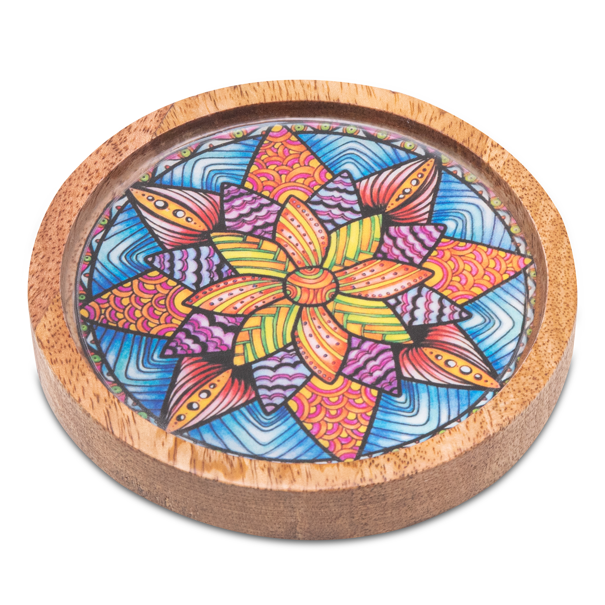Wooden Round Coasters with Mandala Print Design Set of 2 view 2