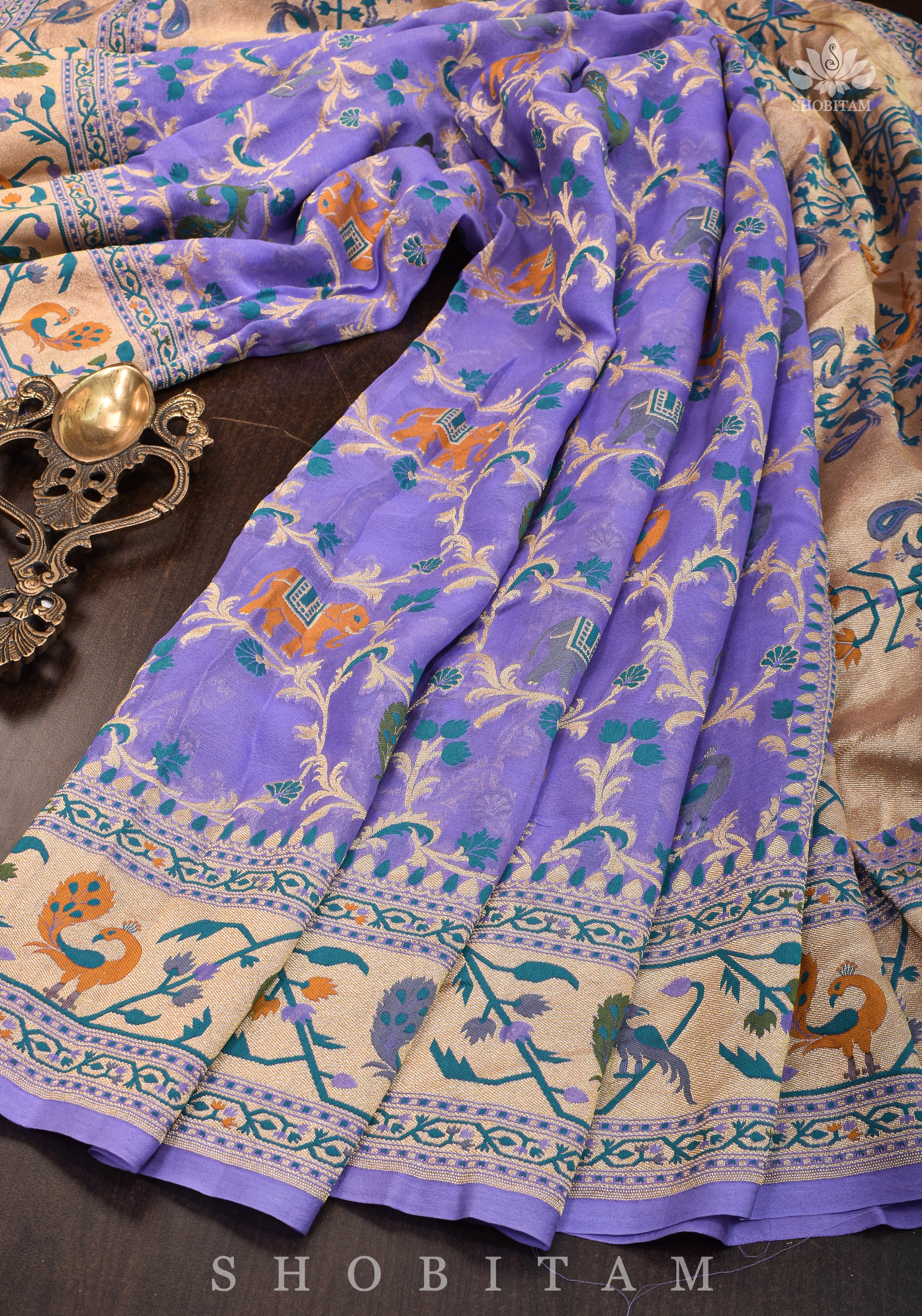 Paithani Design Four color Meenakari Shikkaargah Jaal on Pure Silk Georgette Lavender Saree | SILK MARK CERTIFIED view 2