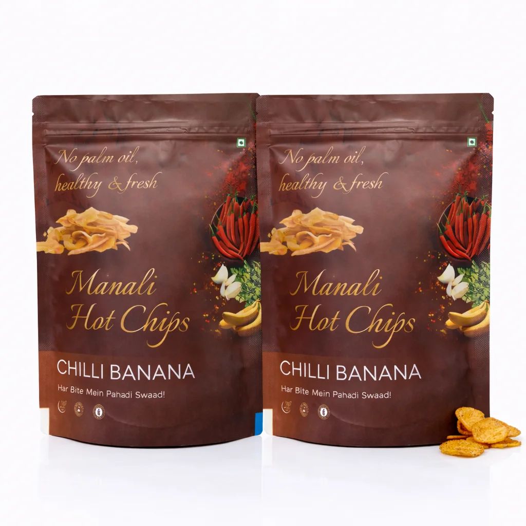 Manali Hot Chips Organic Chilli Banana Flavor 55g | Farm Fresh Thin & Crunchy Crispy Snack | No Palm Oil(Pack of 2)