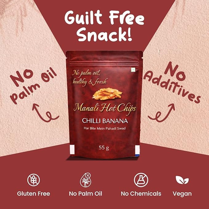 Manali Hot Chips Organic Chilli Banana Flavor 55g | Farm Fresh Thin & Crunchy Crispy Snack | No Palm Oil(Pack of 2) view 2
