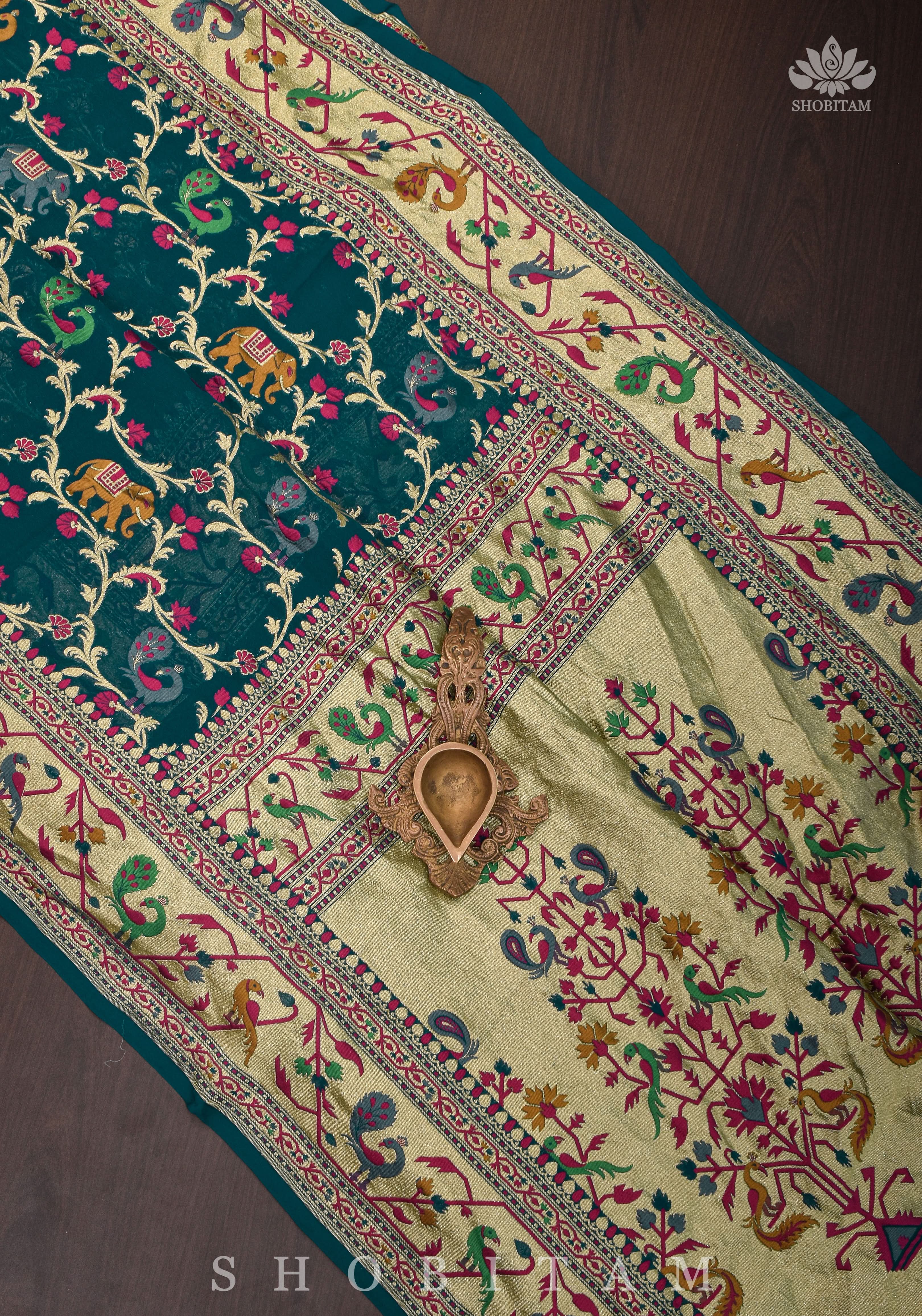 Paithani Design Four color Meenakari Shikkaargah Jaal on Pure Silk Georgette Hunter Green Saree | SILK MARK CERTIFIED view 2