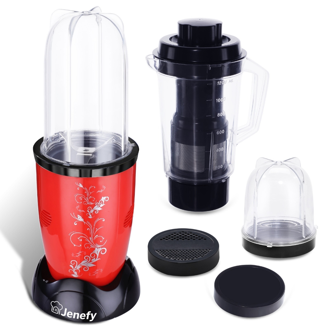 Jenefy Compact Bullet Juicer Mixer Grinder 400W for Multi-Use - 3 Jars (500ml, 300ml, 500ml) Red