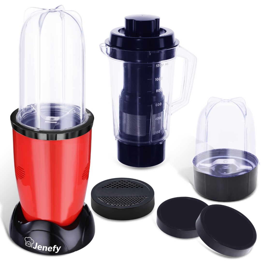 Jenefy Compact Bullet Juicer Mixer Grinder 400W for Multi-Use - 3 Jars (500ml, 300ml, 500ml) Red view 2