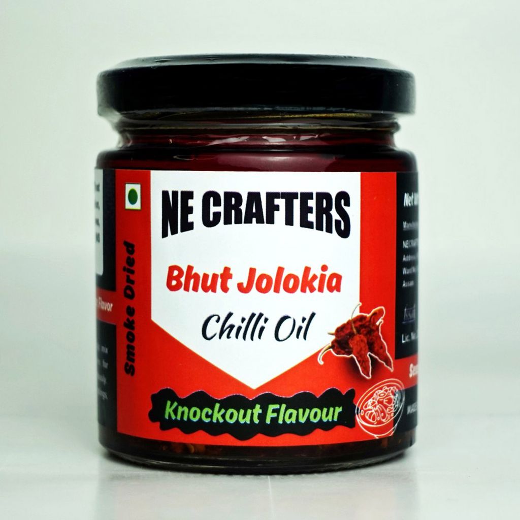 NE CRAFTERS Bhut Jolokia Chilli Oil | Premium | Hand-Made with Bhut Jolokia Pepper, Red Chillies, Garlic, Onion, Cinnamon and Spices | Best with Momos, Ramen, Noodles, Pasta - Knockout (100 gms)