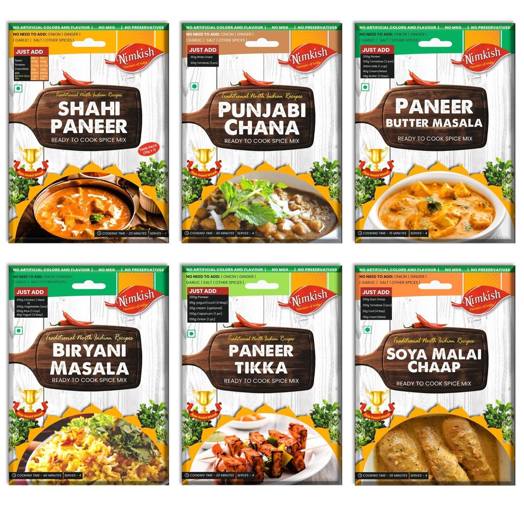 Nimkish Veg Spice Mix Combo Pack of 6 | Paneer, Chana, Biryani, Soya Chaap & More | Ready-to-Cook Indian Premix