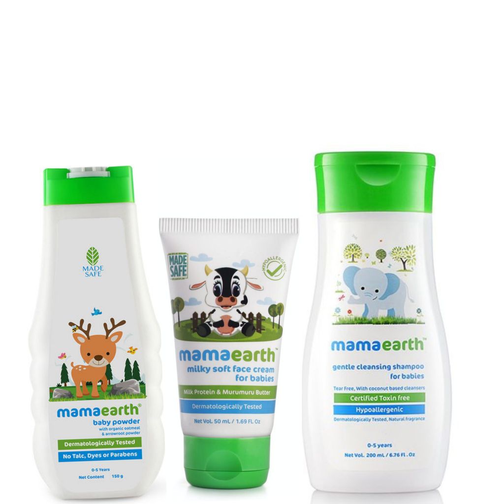Mamaearth Baby Powder With Organic Oatmeal & Arrowroot Powder (150gm) + Mamaearth Milky Soft Face Cream for Babies with Milk Protein Murumuru Butter (60gm) + Mamaearth Gentle Cleansing Shampoo For Babies (200ml)