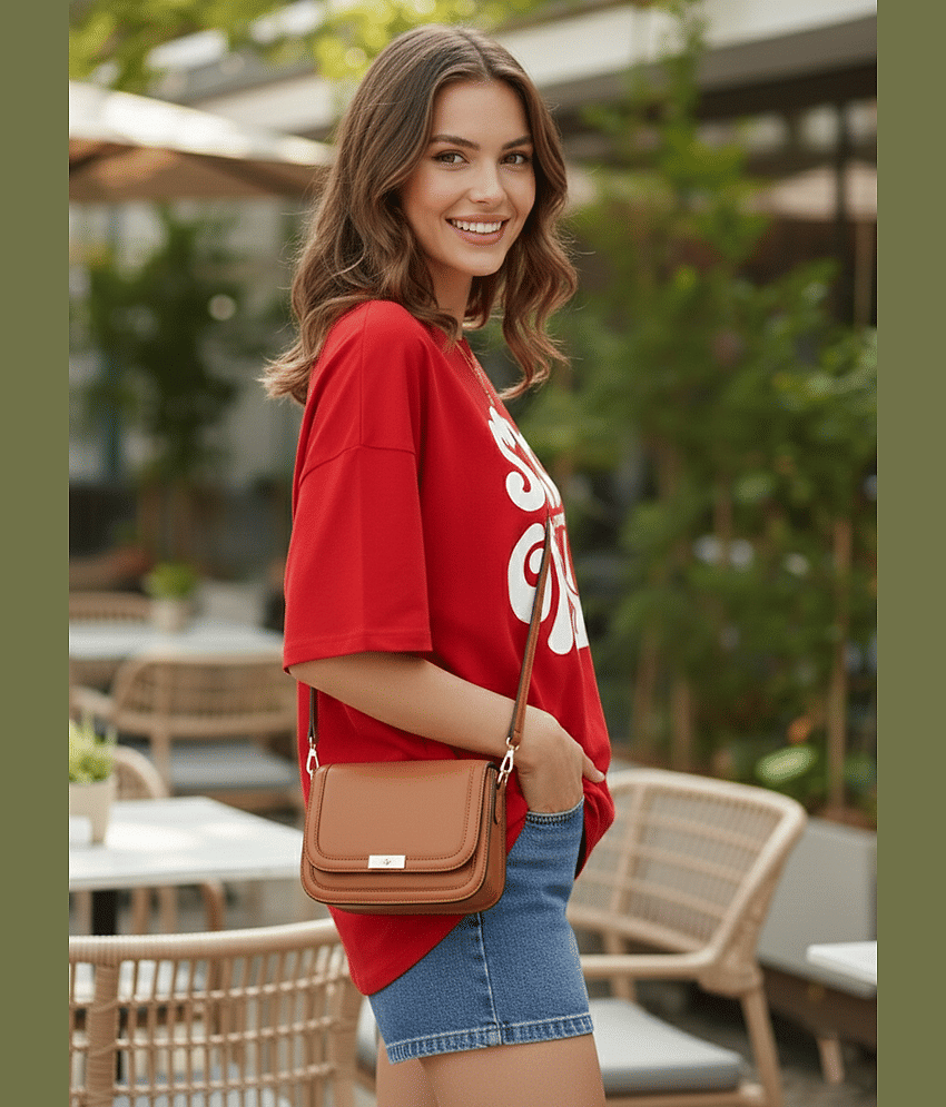 Leotude Women Cotton Blend Printed Oversized Fit Round Neck T-Shirt ( Red ) view 2